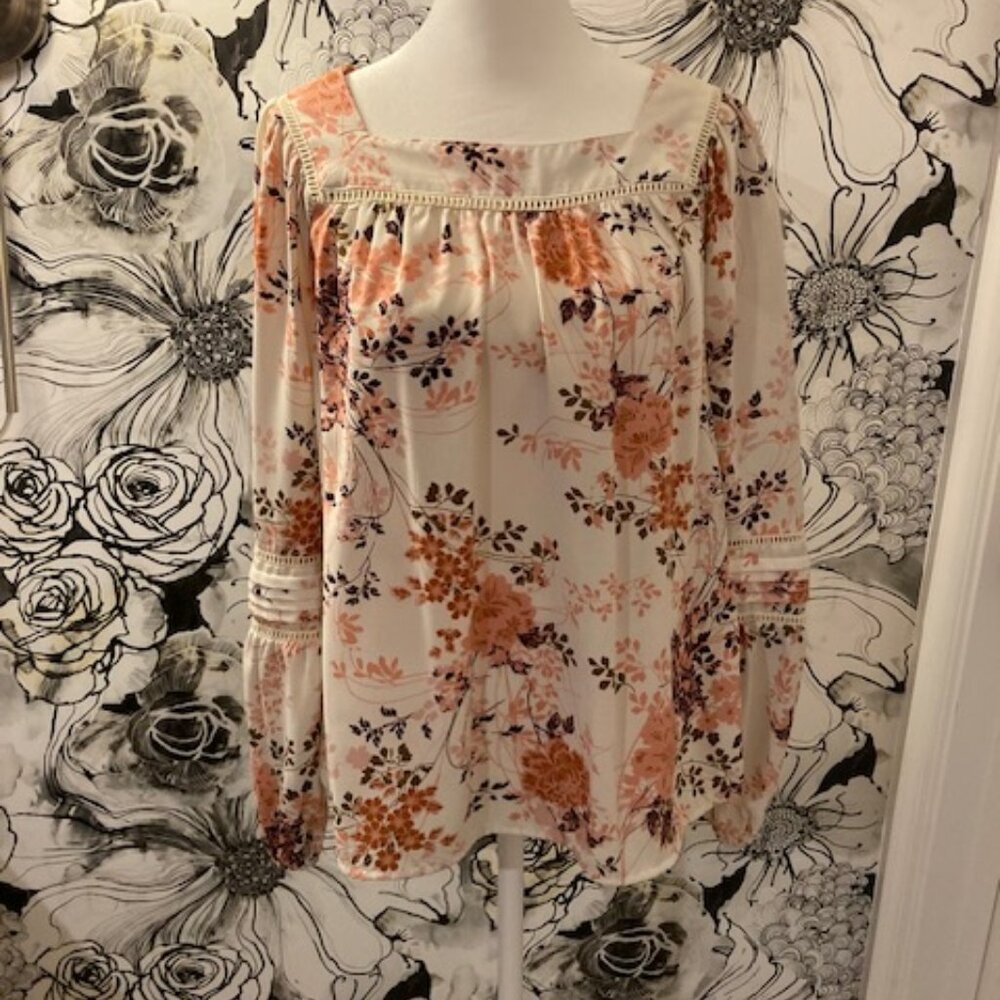 LC LAUREN CONRAD Women's Blouse Top Orange Peach Floral Print Lace Sleeve SZ XS